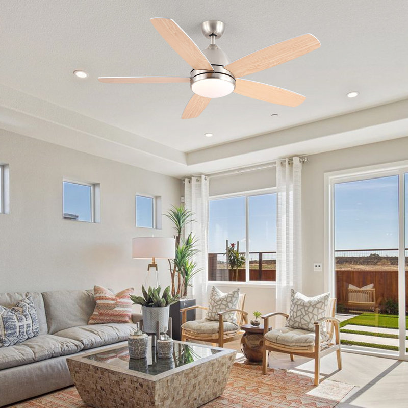  Ventilateur de plafond d'intérieur en nickel brossé de 52 po avec ensemble d'éclairage DEL intégré, compatible avec l'application Tuya, appareils intelligents