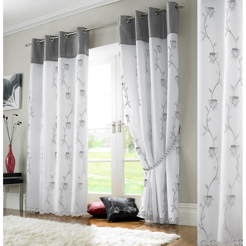 Woodsburgh Tahiti Lined Eyelet Semi Sheer Curtains, 142 W x 137 D cm, Silver