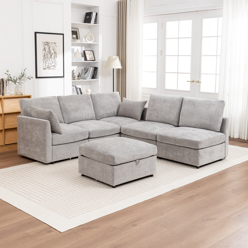 Wilroy 6-Piece Modular Corner Sectional With Storage Ottoman, Gray