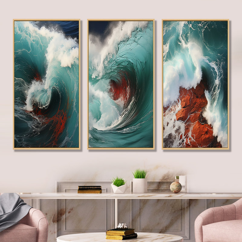 Vague rouge, vert, merveille colorée, H 40 po x l 60 po, Cadre flottant brun