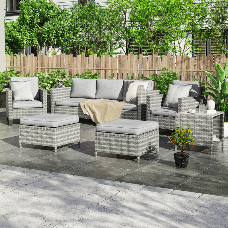 Sinkler 6 Piece Wicker Sofa Seating Group with Cushions and Rocking Swivel Chairs, Gray, Linen Gray