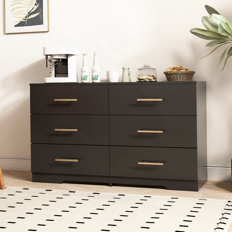 Grande commode 6 tiroirs de couleur noire avec poignée dorée