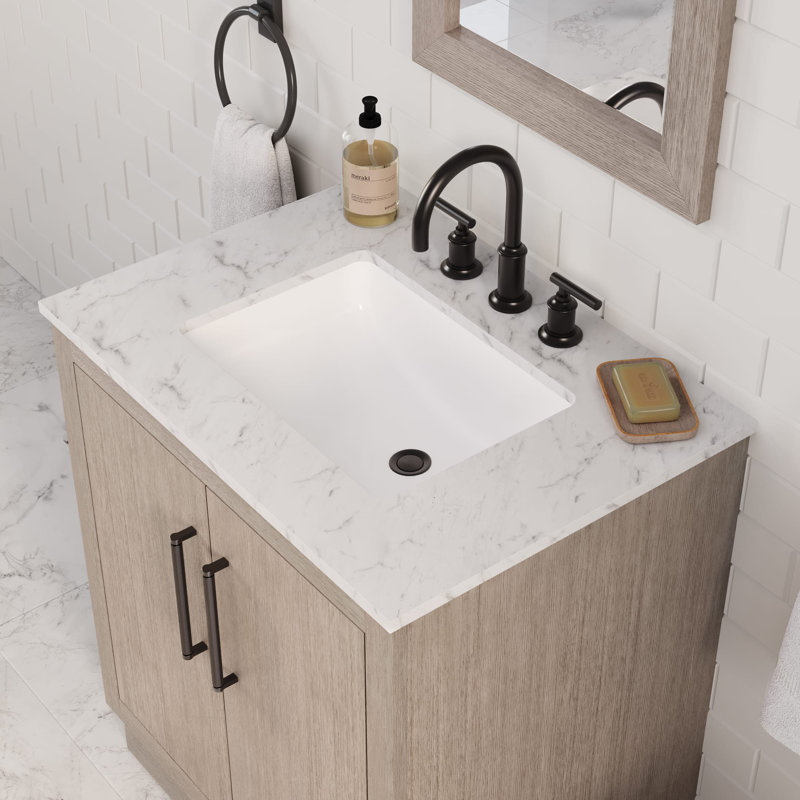 Hugo 30 In. Single Sink Carrara White Marble Countertop Vanity In Grey Oak With Gooseneck Faucet, Oil Rubbed Bronze
