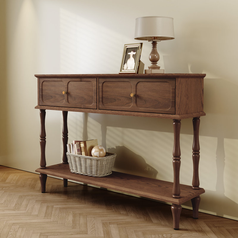 Mid-Century Console Table with 2 Drawers for Entry and Living Room,Walnut, Brown