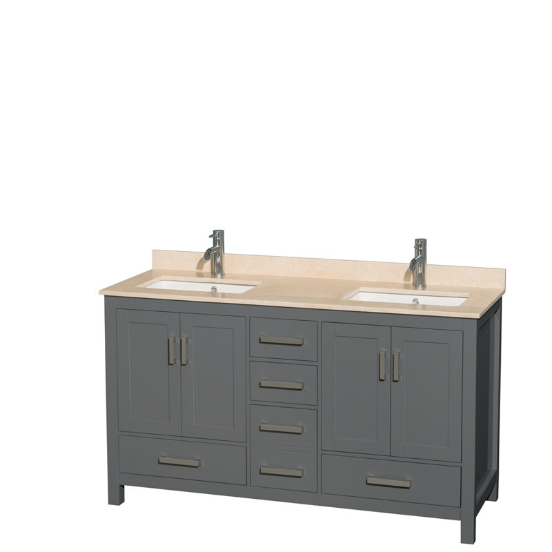 Sheffield 60" Freestanding Double Bathroom Vanity with Marble Top, Ivory, Dark Gray