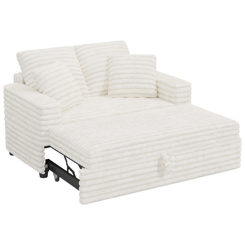 Naykin 2-Person Faux Fur Sofa Bed with Removable Cushion Cover, White, Straight Stripe Shape Plush