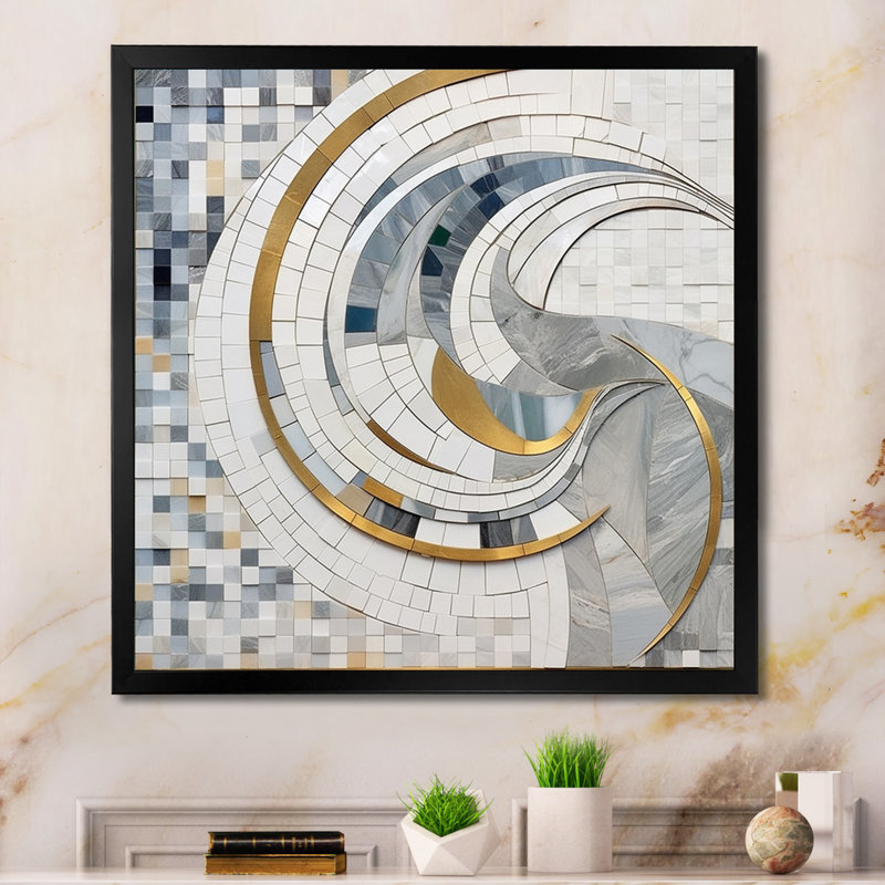 Gris et jaune mosaïque II - formes abstraites, art mural, Cadre simple noir, H 36 po x l 36 po x P 1,5 po