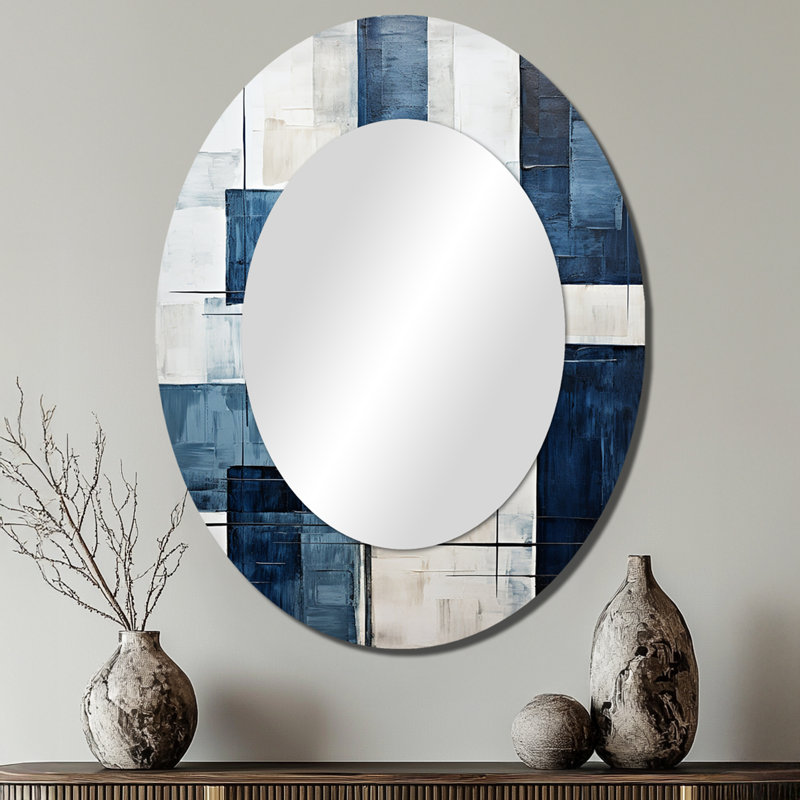 Indigo illusion indigo V - grand miroir mural ovale sur métal, 40 po x 30 po