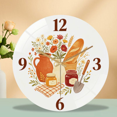 Horloge murale silencieuse en verre trempé de 30 cm, motif floral rustique, sans tic-tac, fonctionne avec des piles AA (non incluses), décoration artistique pour la maison