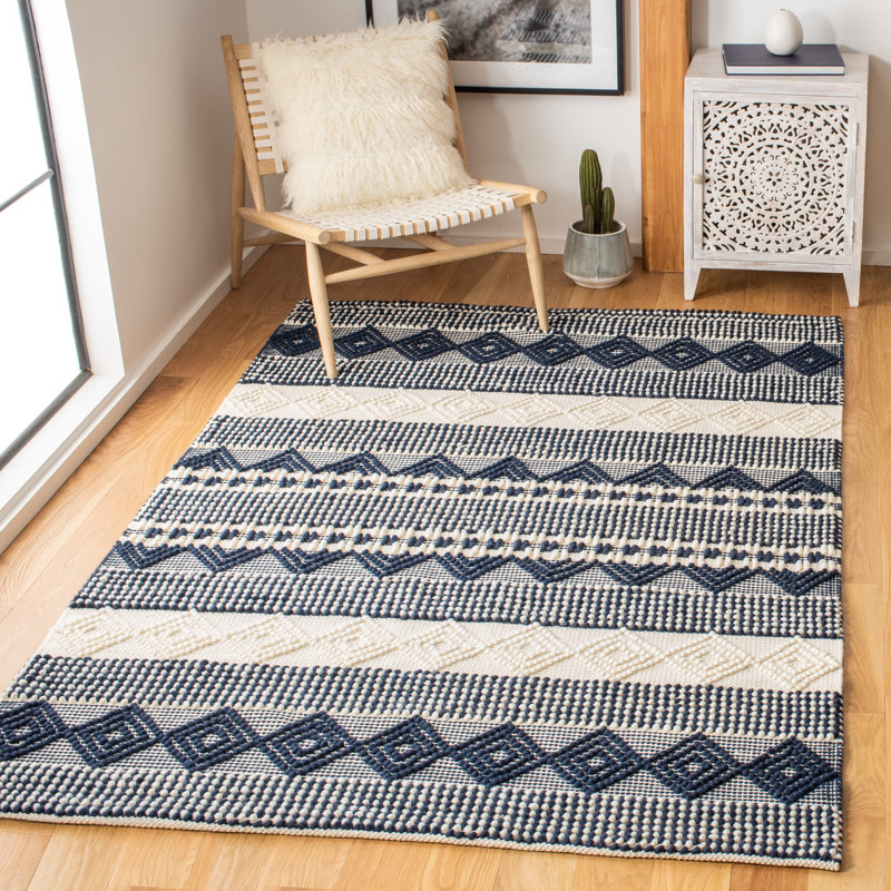 Southwestern Hand Woven Wool/Cotton Southwestern Rug, Rectangle 11' x 15', Dark Navy/Ivory