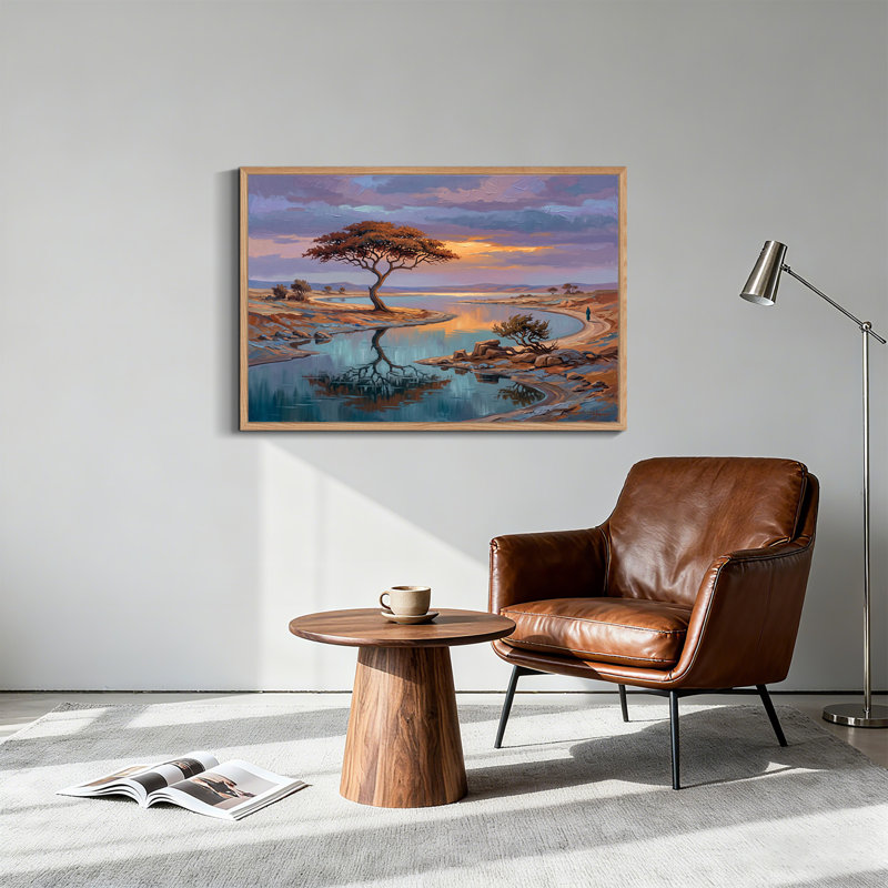 Grand arbre au bord d'une rivière sinueuse au coucher du soleil, avec un ciel violet - Tableau sur toile, 36"H x 48"W