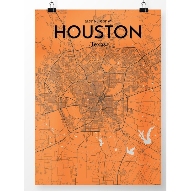 « houston city map », impression sur affiche, reproduction d’art orange, H 17 po x l 11 po