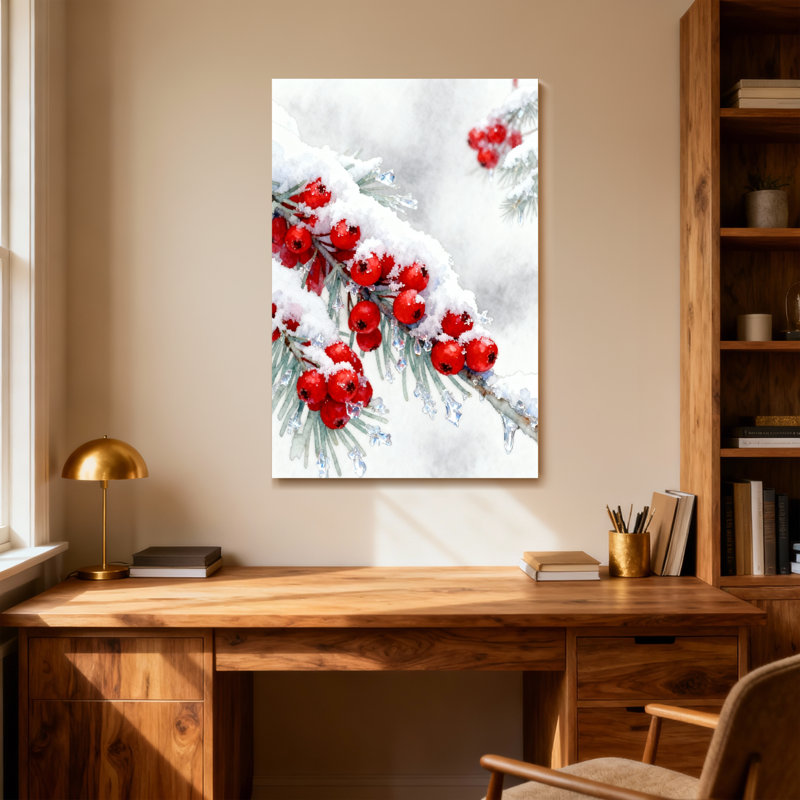 Animaux, neige recouverte de baies sur des branches, 18" H x 12" W
