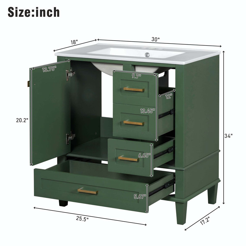 Meuble-lavabo simple 30 po avec plateau en bois manufacturé Sivana, Vert