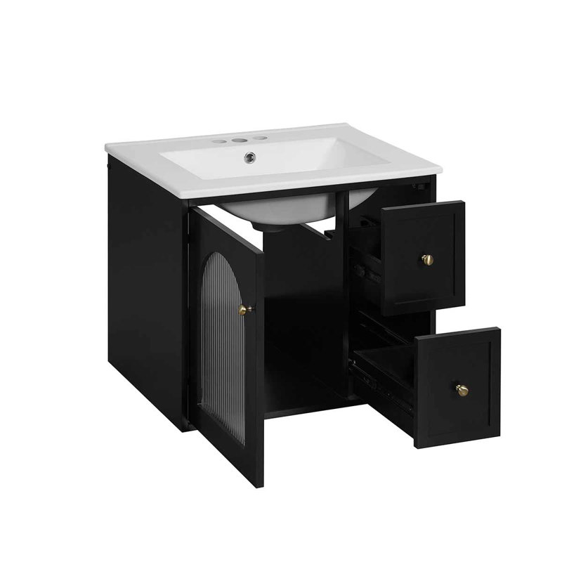 Meuble-lavabo mural 24 po avec lavabo en céramique et 2 tiroirs, Noir