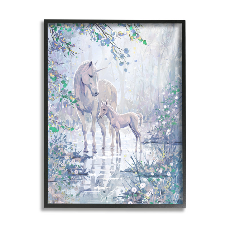 Unicorn Magical Forest Meadow par Sally Swatland - Peinture, H 14 po x l 11 po x P 1,5 po, Giclée encadrée noir minuit