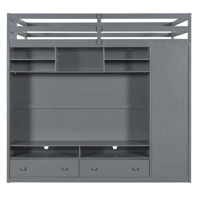 Lit mezzanine double avec garde-robe et rangement à DEL, Gris
