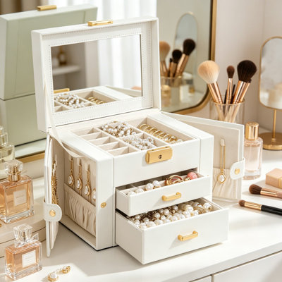Leather Jewelry Box for Women, 3-Tier Jewelry Organizer with Mirror and Lock, Necklace Earring Bracelet Storage with 2 Drawers and 14 Hooks, White and Gold Finish