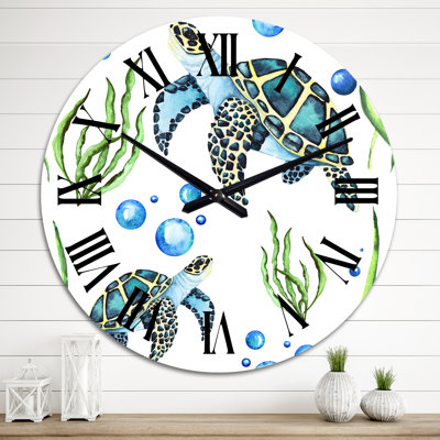 Sea Turtle Seaweed and Bubbles - Patterned Wall Clock