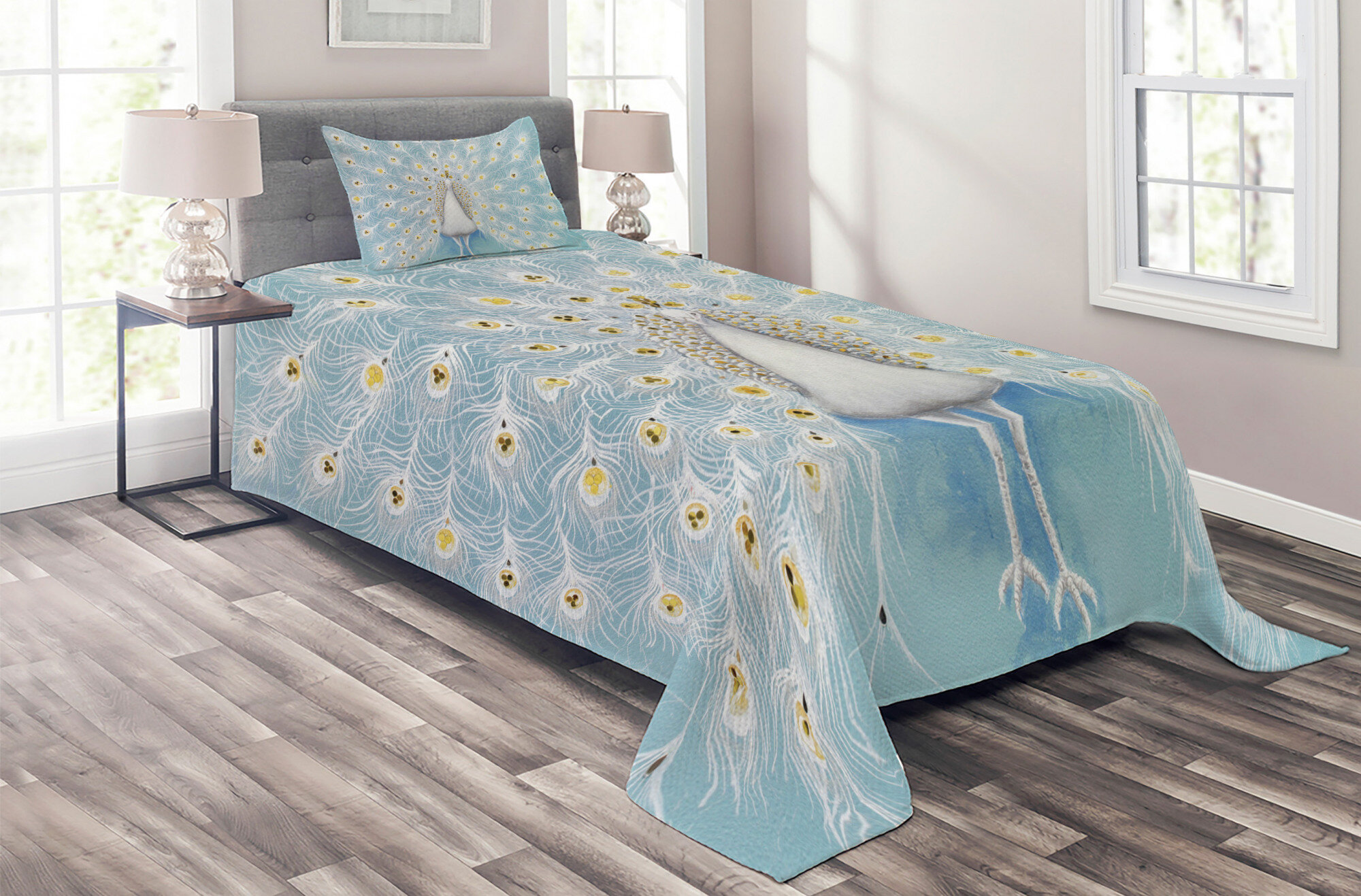 Bless international Peacock Sky Blue/Yellow Microfiber Eclectic Coverlet /  Bedspread Set