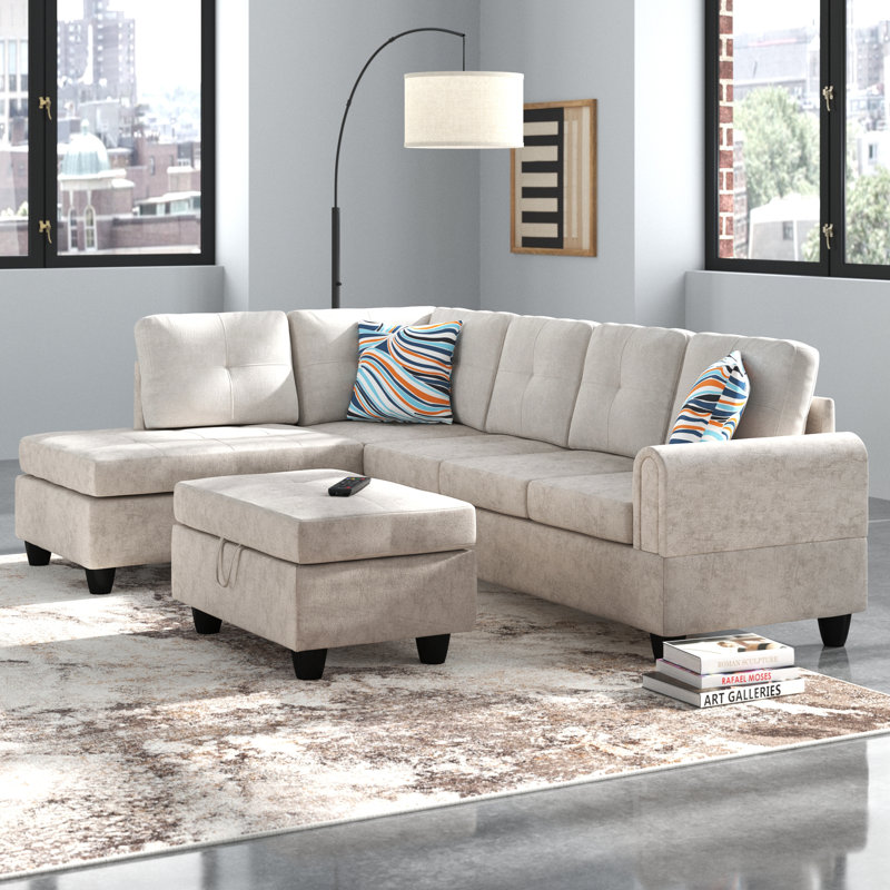 Jacksmith Upholstered Sectional, Left Hand Facing, Off White 100% Linen