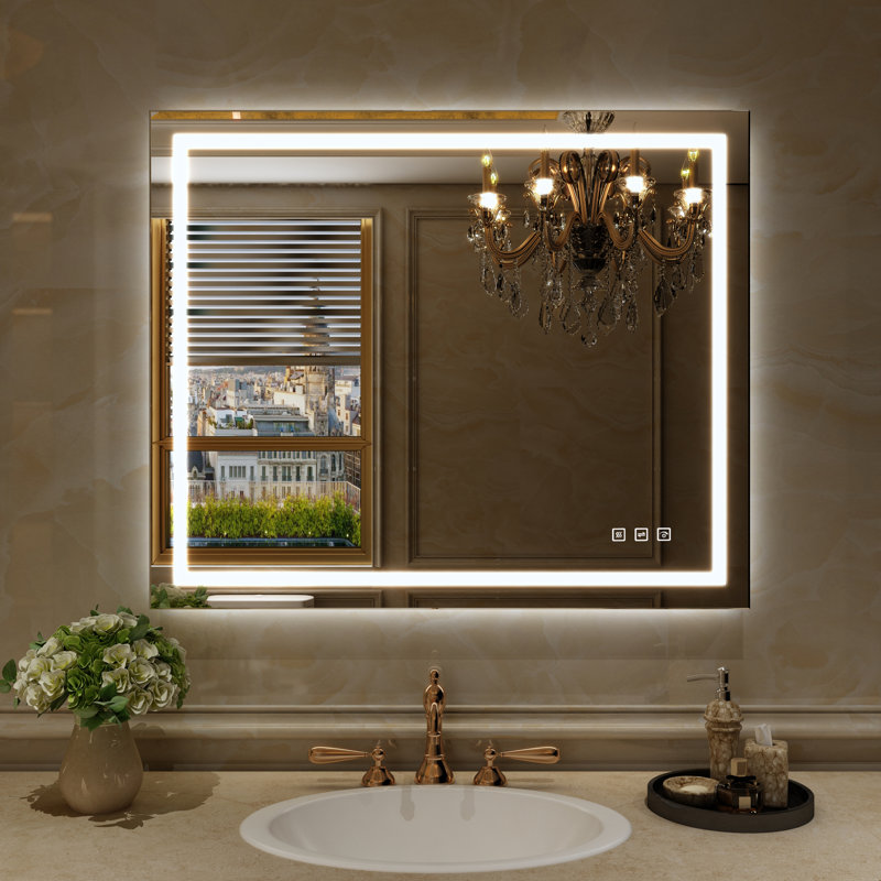 Miroir de salle de bain à DEL 72 x 36, miroirs de salle de bain à intensité variable pour le mur, antibuée, 3 couleurs réglables, mémoire, lumières à DEL doubles (avant et rétroéclairé) Matériau trempé durable
