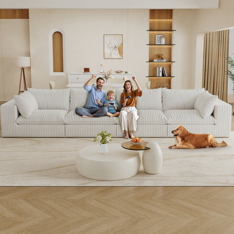 157,6 po Corduroy 4 places blanc pour le salon et la chambre à coucher, conception à double couche, coussin amovible, sièges rembourrés en plumes de luxe, bricolage modulaire, sans cadre en bois, canapé profond à compression haute densité avec