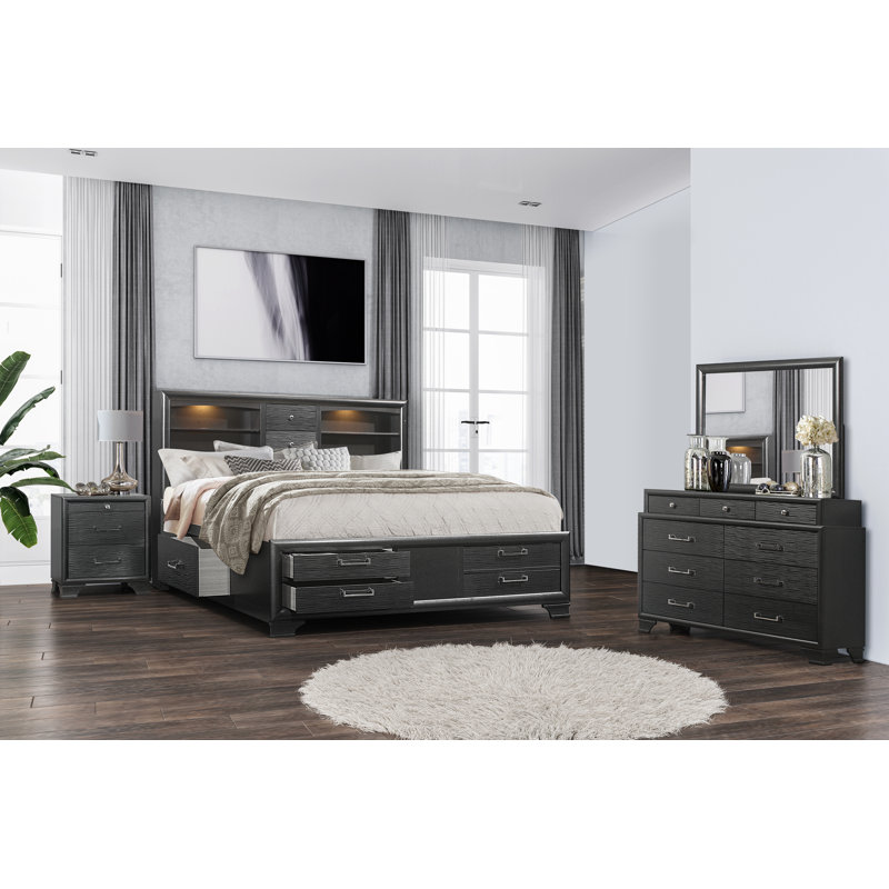 Solid Wood Queen White Eight Drawers Bed, Queen, Gray