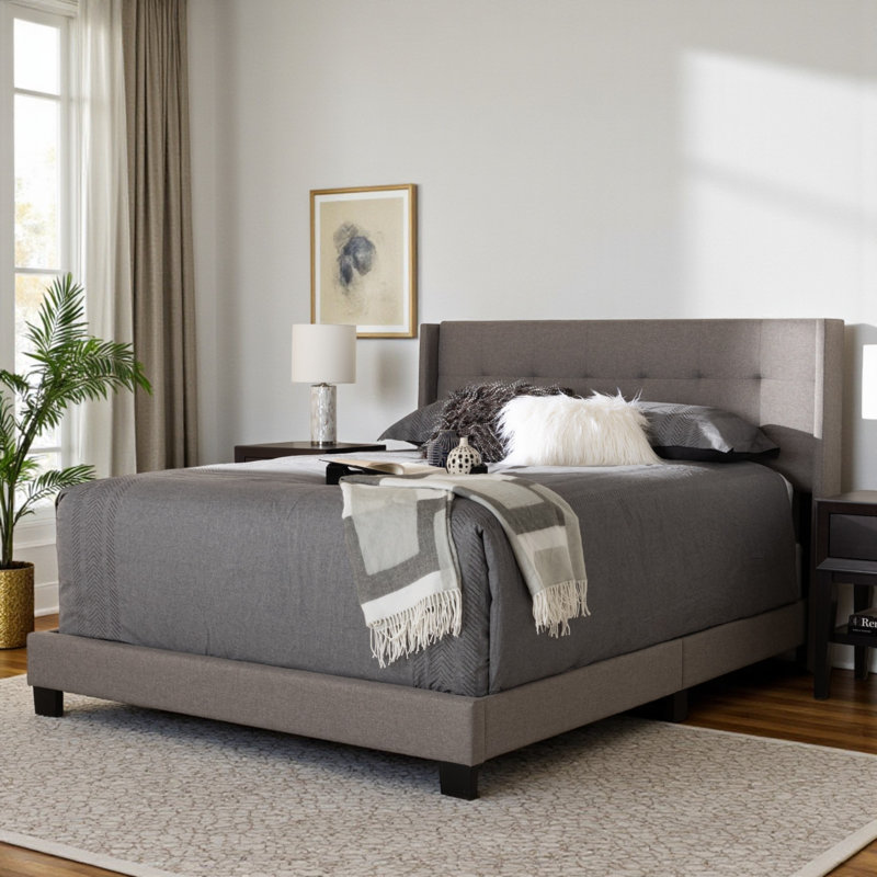 Cherron polyester Upholstered Wingback, Queen Bed, Grey 47.64'' H X 66.55'' W X 83.85'' L, Queen, Gray