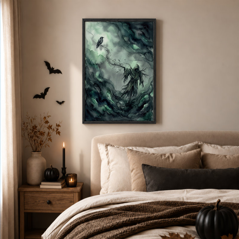 Créature à capuchon sur branche avec corbeau noir et toile murale verte pour l'Halloween, H 36 po x l 24 po