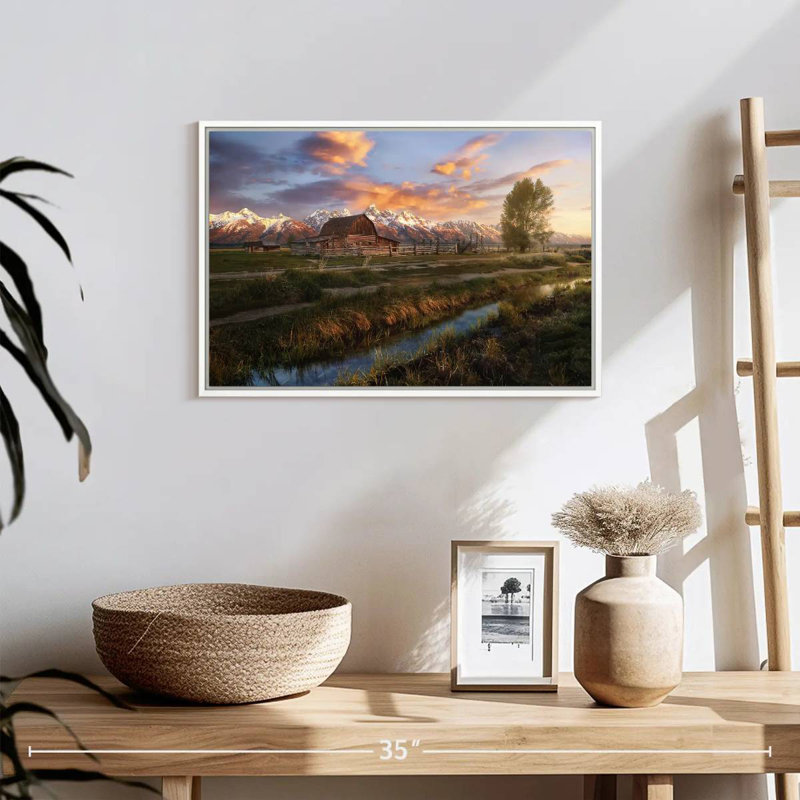 Scène de grange Moulton, 19 po x 13 po, Cadre flottant blanc