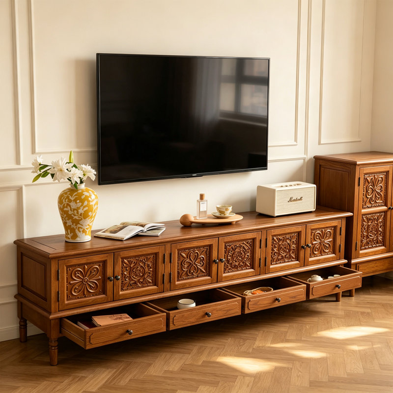 Retro Carved Rectangular Solid Wood TV Stand, Dark Walnut Color