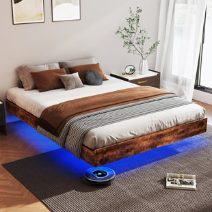 Floating Bed Frame with LED Lights Metal Slats Underbed Storage Space No Box Spring
