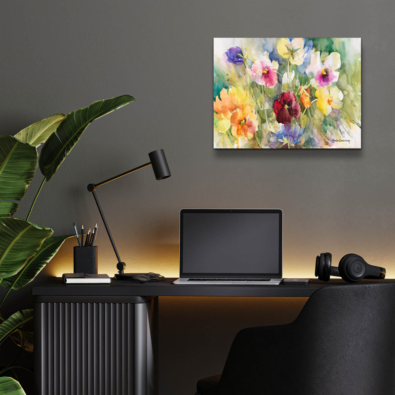 «Pansies Posing» par Annelein Beukenkamp, art mural en verre acrylique, H 12 po x l 16 po x P 0,13 po
