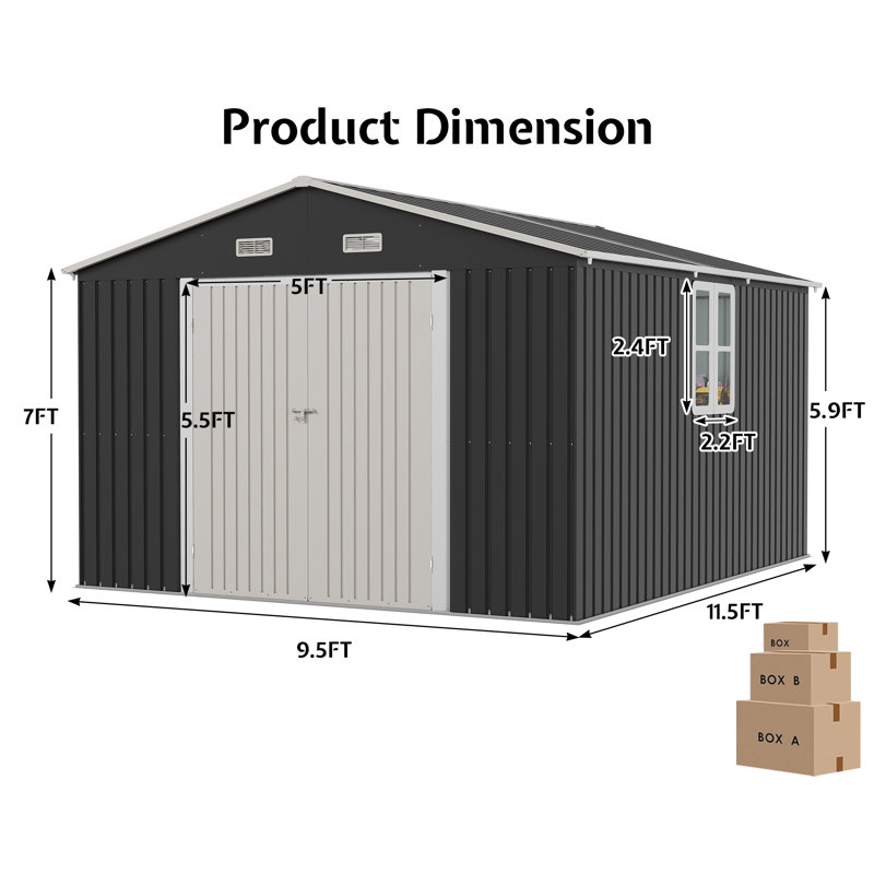 Guardian Shelter Series AMERLIFE Galvanized Steel Storage Shed with Windows Hinged Double Doors, 84" H x 120" W x 142" D