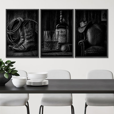 Rustic Western Cowboy Boots Rope Whiskey Bourbon Glass Hat Chair Vintage Ranch Bar Decor Wall Art Decor Framed On Canvas 3 Pieces Print