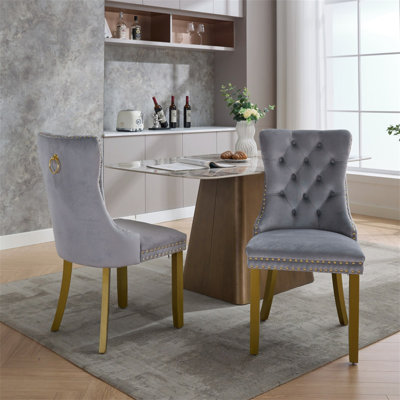 A&A Furniture, Nikki Collection Modern, High-End Tufted Solid Wood Contemporary Velvet Upholstered Dining Chair With Golden Wood Legs Nailhead Trim 2-Pcs Set, Milky White,SW1401LG