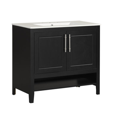 Meuble-lavabo 36 po avec lavabo, armoire de salle de bain multifonctionnelle avec portes et tiroirs, cadre en MDF et panneau en MDF, noir