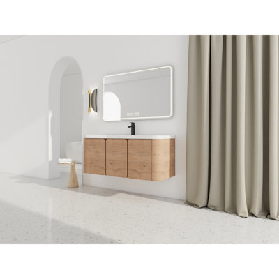 48'' Wall-Mounted Bathroom Vanity with White Resin Sink & 3 Soft-Close Doors, Imitative Oak, Plywood (KD-Packing)