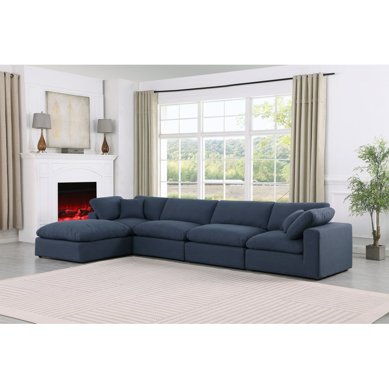 Canapé modulaire 5 pièces rembourré, Tissu texturé en lin bleu marine
