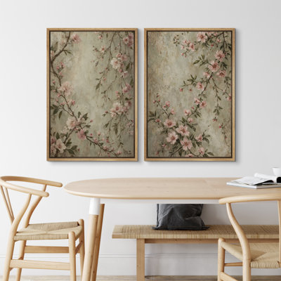 Vintage Pink Blossom Branch Botanical Design on Aged Background Wall Art Decor Framed On Canvas 2 Pieces Print