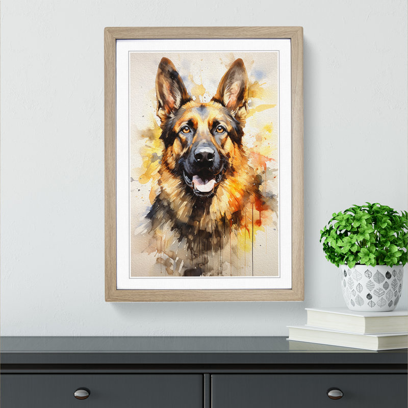 German Shepherd Modern - Single Picture Frame Print on Wood, Oak, 34cm H x 25cm W x 2cm D