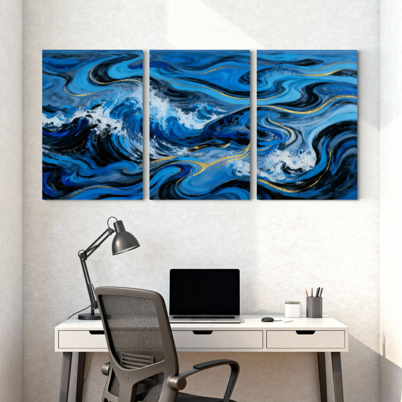 Vagues bleues avec accents dorés et mousse blanche, ensemble de 3 impressions sur toile, H 18 po x l 36 po