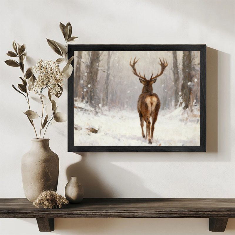 «Black Bucks in the Snow», reproduction d'art encadrée noire, H 25 po x l 37 po