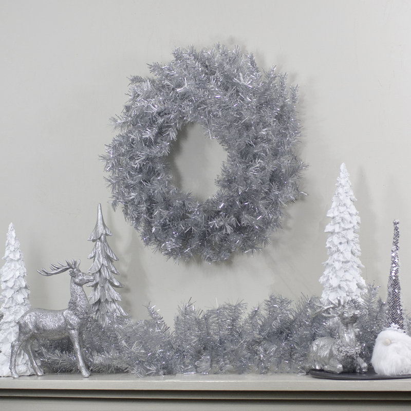 36" Silver Tinsel Artificial Christmas Wreath with Metal Frame