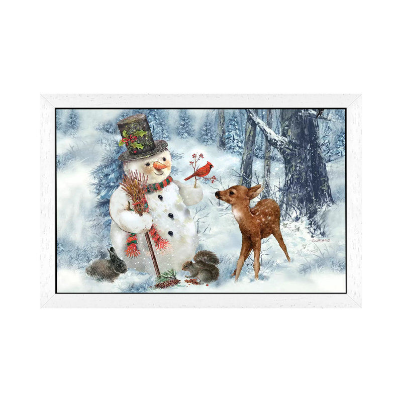 Woodland Snowman - Painting on Canvas, 101.6 cm H x 66.04 cm W, White Framed Canvas