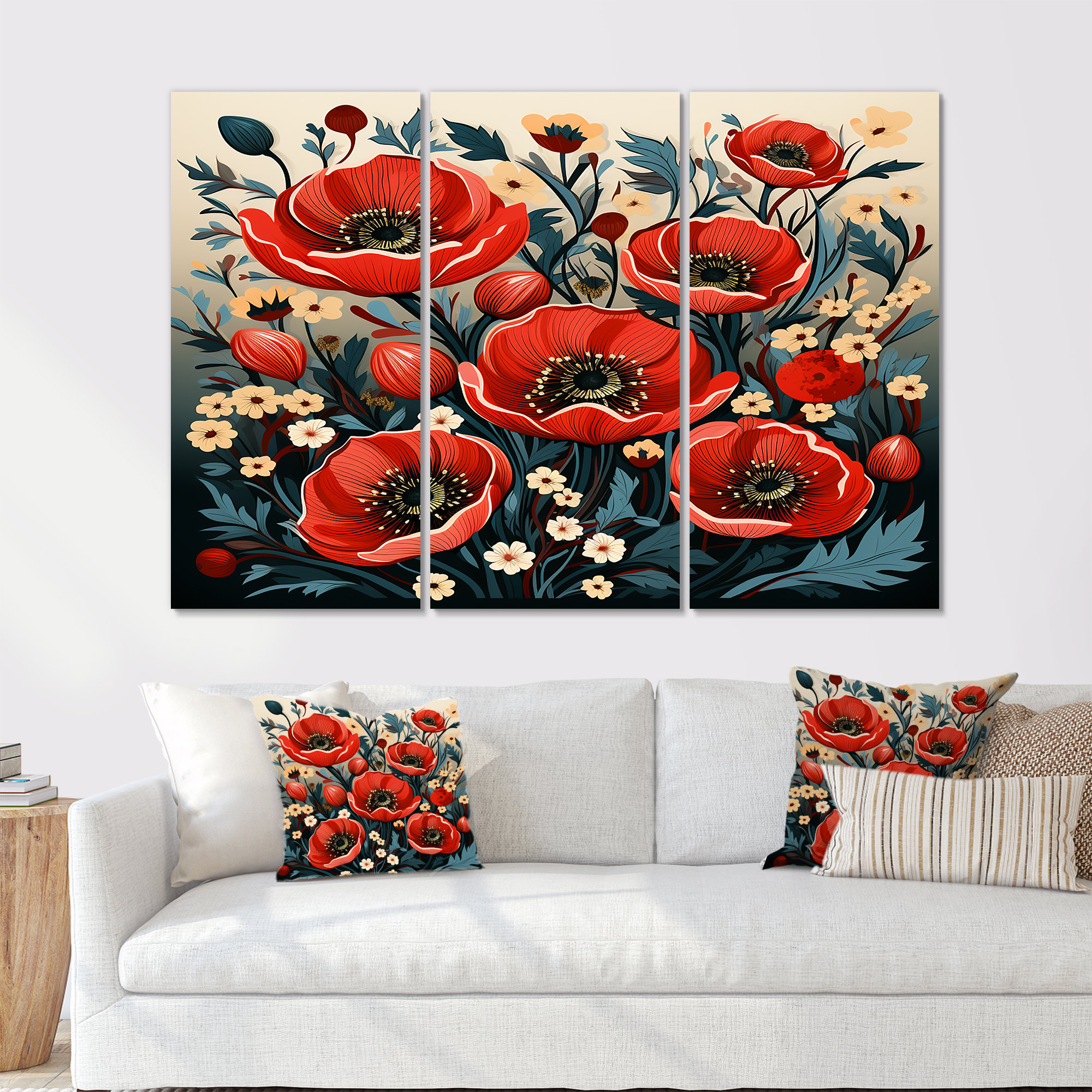 Design Art Red Poppies In The Meadow Retro Illustration - Poppy Wall ...