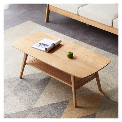 Table basse compacte en chêne massif avec tablette de rangement, petite table centrale rectangulaire pour les appartements