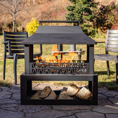Courter 29" Rectangle Bronze Finish Steel Outdoor Fireplace with Log Storage