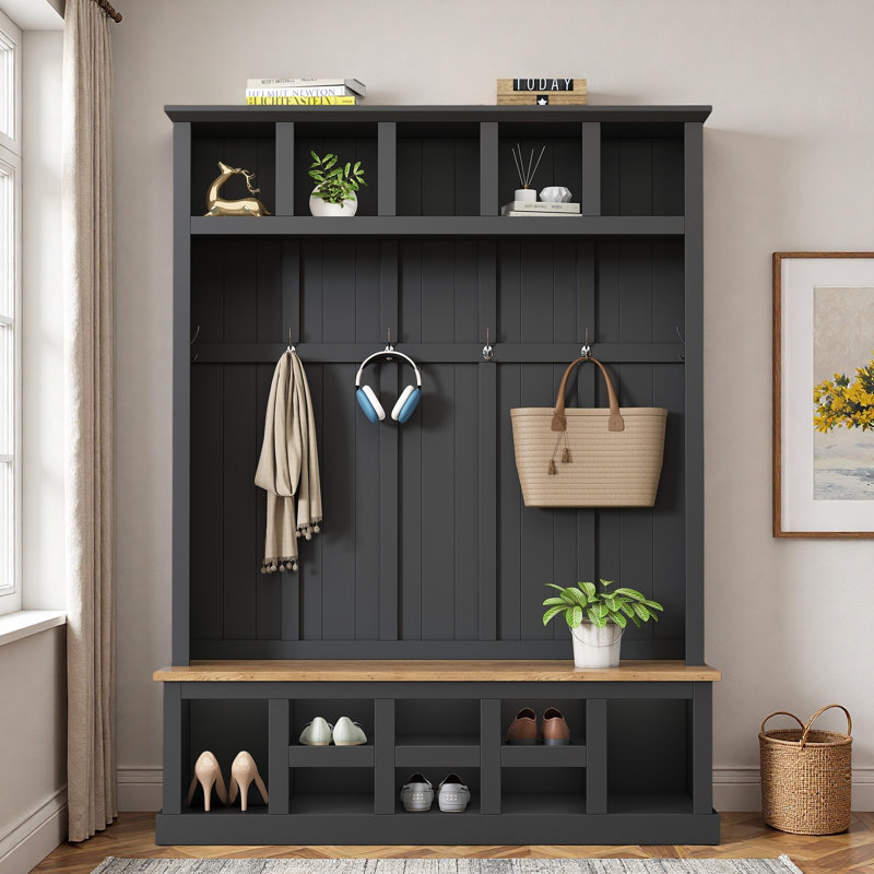 Modern Hall Tree With Seating Bench, 13 Compartments And Coat Rack, Black